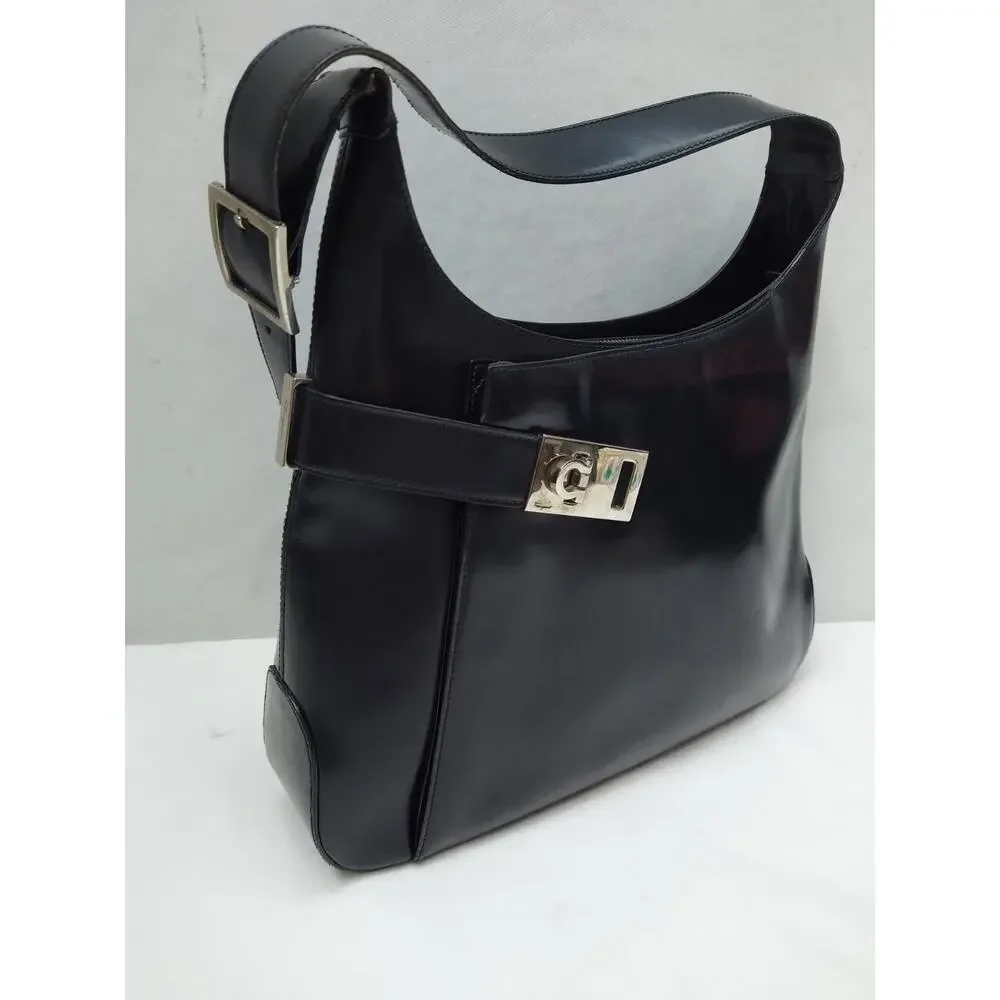 Salvatore Ferragamo Black Patent Leather Zipper Closure Hobo Shoulder Bag